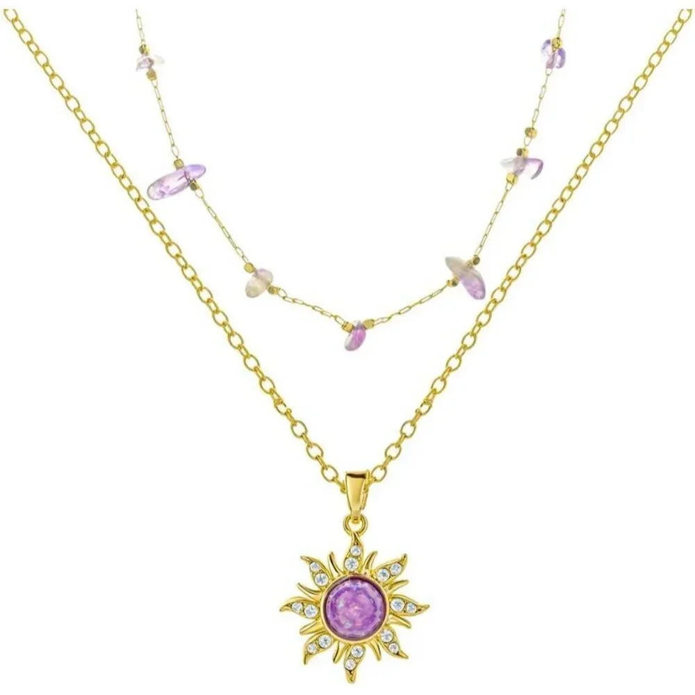 Sun Necklace for Women Brass Gold Purple Crystal Healing Jewelry Gift